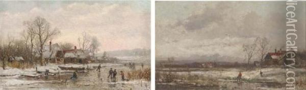 Skaters In A Winter Landscape; Crossing A River In A Winterlandscape Oil Painting - Adolf Stademann