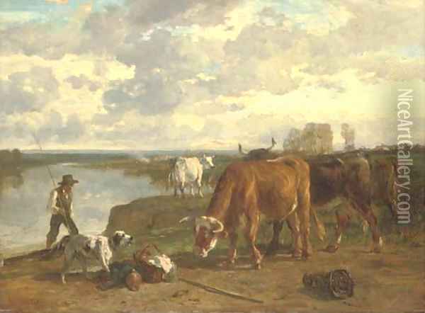 Cattle and a shepherd Oil Painting - Constant Troyon