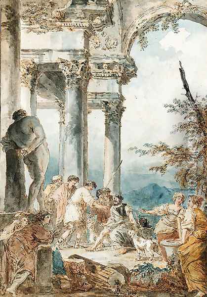 Belisarius begging beneath a Portico by the Farnese Hercules, after Panini Oil Painting - Hubert Robert
