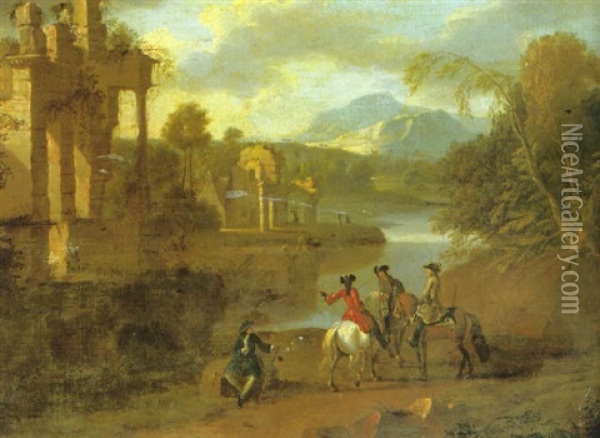 An Elegant Riding Party Conversing On A Path Near A River, Classical Ruins And A Mountain Landscape Beyond Oil Painting - Jan Griffier the Elder