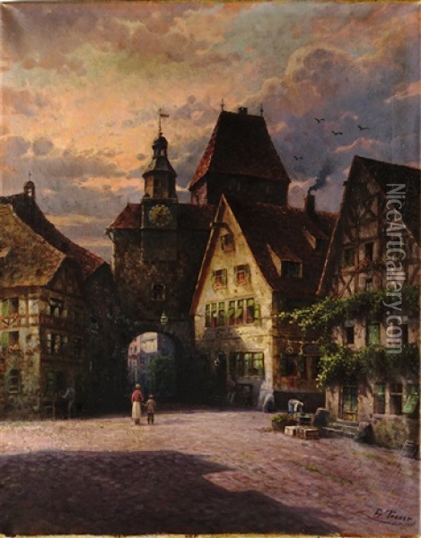 Hauserfassaden, Das Tor Und Der Wachturm Einer Stadt Mit Abendhimmel Oil Painting - Friedrich Treuer