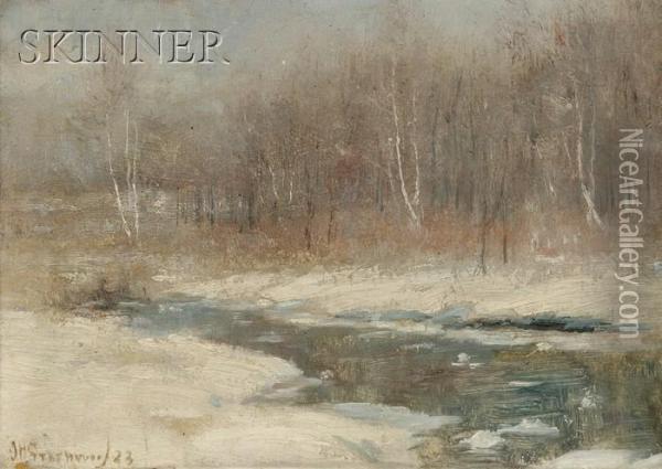 Brook In Winter, Possibly Green Hill Park, Worcester,massachusetts Oil Painting - Joseph H. Greenwood