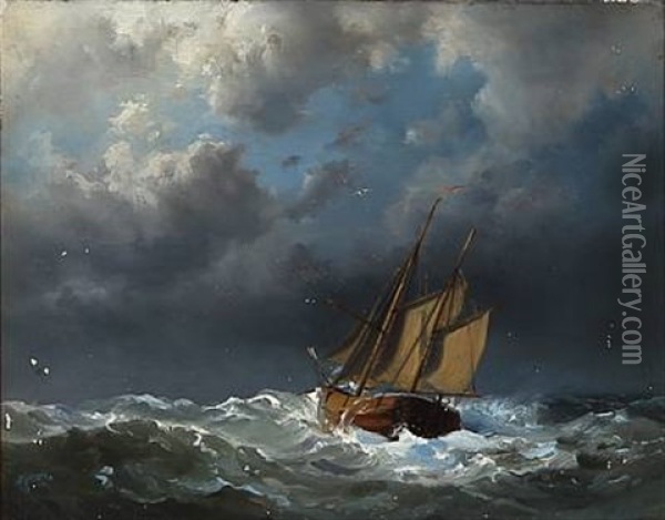 Seascape With A Sailing Ships In High Waves Oil Painting - Vilhelm Melbye