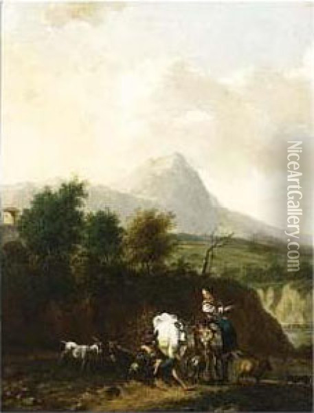 A Mountainous Landscape With Shepherds And Their Herd Resting Oil Painting - Nicolaes Berchem