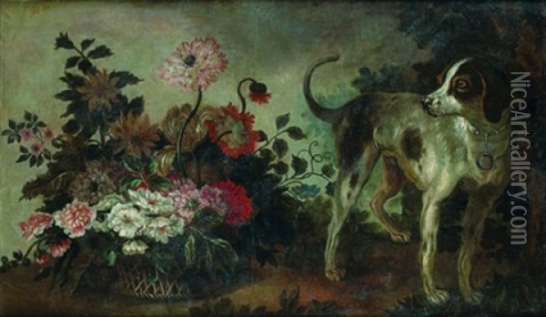 Nature Morte Au Panier De Fleurs Et Chien De Chasse Oil Painting - Alexandre Francois Desportes
