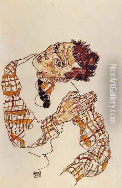 Self Portrait in Checkered Shirt Oil Painting - Egon Schiele