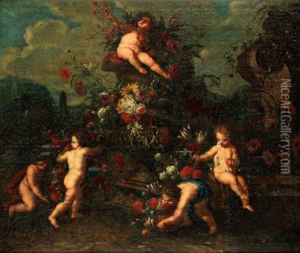Hans Krets Lekande Putti Vid Blomsterurnor Oil Painting - Jan Baptist Brueghel