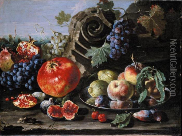 Still Life Of Pomegranates, Red 
And White Grapes, Figs, Plums, Green Figs And Peaches On A Silver Plate,
 Together With A Fragment Of A Classical Column, All Arranged In A 
Landscape Oil Painting - Pietro Navarra