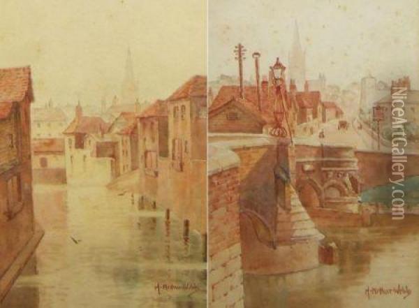 Bishop Bridge; And View On The Wensum Oil Painting - Arthur Henry Howard Heming