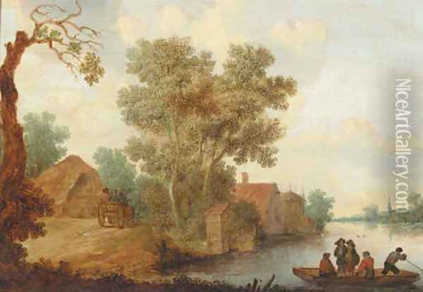 A ferry on a river with travellers on a horse drawn wagon, approaching a hamlet, in summer Oil Painting - Pieter de Neyn