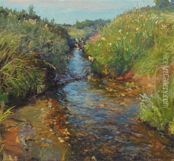 Spring Day At A Serpentine Stream Oil Painting - Peder Jacob Marius Knudsen