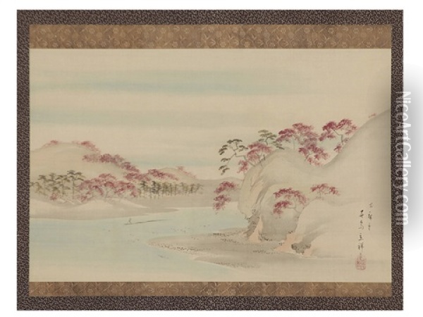Red Leaves Along Tatsuta River Oil Painting -  Hiroshige II