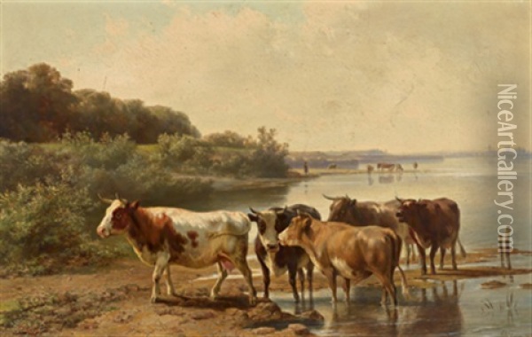 Kuhherde Und Hirtin Am Flussufer Oil Painting - Jan Bedijs Tom