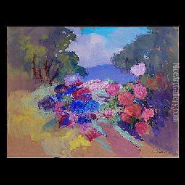 Californian Carmel Valley Viewwith Blooming Hydrangeas Oil Painting - Mary Deneale Morgan