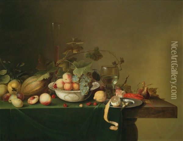 Ein Fruchtestillleben Mit Einer Porzellanschale, Einem Romer Und Einem Gekochten Hummer Oil Painting - Michiel Simons
