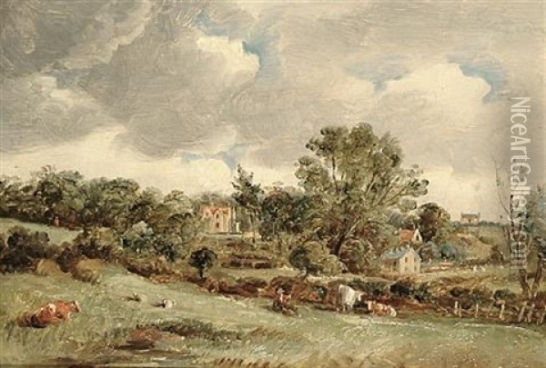 Cattle And Sheep In A Country Landscape Oil Painting - Thomas Churchyard