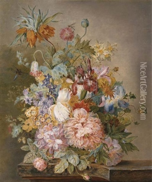 Tulips, Roses, Peonies, Irises And Other Flowers In An Urn On A Stone Ledge Oil Painting - Petronella Woensel