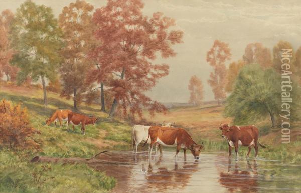 Cows Watering Oil Painting - Thomas Bigelow Craig