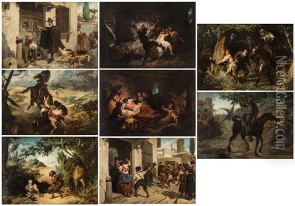A Group Of 8 Paintings Depicting Scenes From 