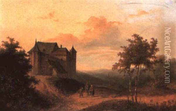 Countryfolk By A Castle Oil Painting - Andreas Schelfhout