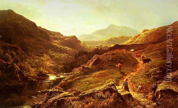 Moel Siabod from Glyn Lledr, with Figures and Cattle on a Riverside Path Oil Painting - Sidney Richard Percy