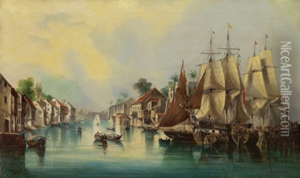 Vor Anker Liegende Kriegsschiffe, Im Hafen Von Hanoi Oil Painting - Cheri Francois Marguerite Dubreuil