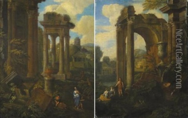 Capricci Con Rovine E Figure (pair) Oil Painting - Alberto Carlieri