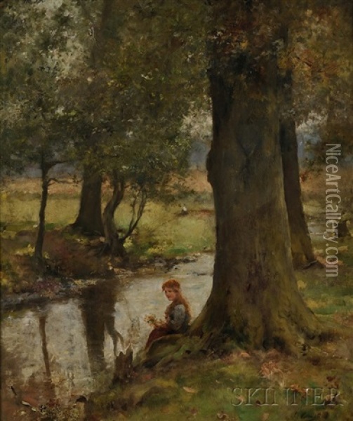 Young Woman Seated By A Stream Oil Painting - Leo A. Malempre