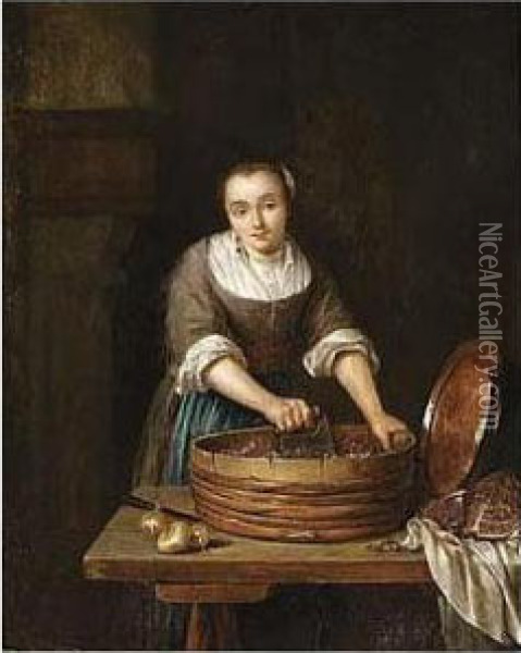 A Maid Chopping Red Cabbage Oil Painting - Caspar Netscher