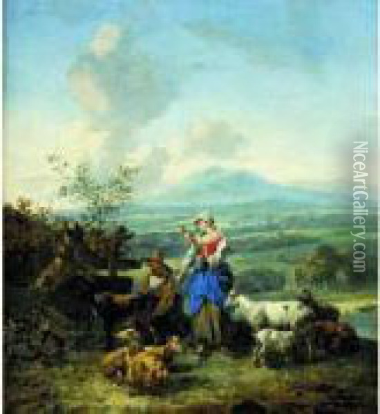 Un Couple De Bergers Et Leur Troupeau Dans Un Paysage Panoramique Oil Painting - Hendrick Mommers