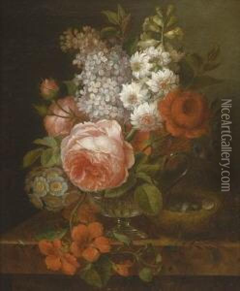 Blumenstillleben Mit Vogelnest. Oil Painting - Joseph Gerardus van Jole