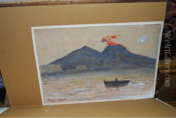 View Of Mount Vesuvius Erupting With A Figure In A Boat In The Foreground, Signed Oil Painting - Francesco Coppola Castaldo