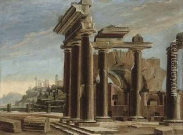 A Capriccio Of Classical Ruins With A Town Beyond Oil Painting - Nicolo Viviani Codazzi