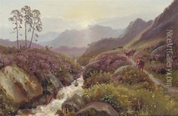 Cattle By A Brook, Hathersage, Derbyshire Oil Painting - James Mahoney
