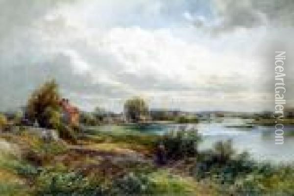 View Of The Trent At 
Swarkestone, From The Bridge, Summer Landscape With Figures And Poultry Oil Painting - Frank Gresley