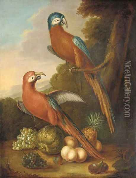 Two parrots, grapes, peaches, figs, a melon and a pineapple in a wooded landscape Oil Painting - Herman van der Myn