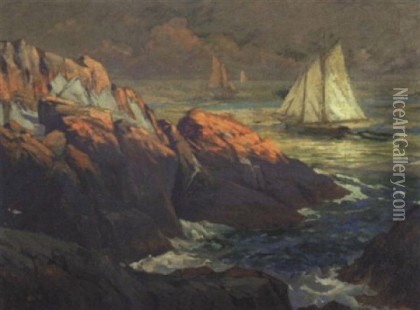 Sailboats Off A Rocky Shore Oil Painting - Robert Ford Gagen