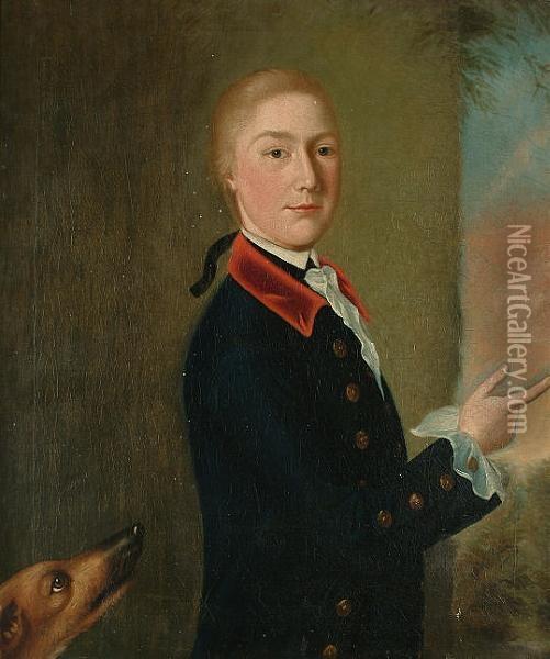 Portrait Of A Young Man, 
Half-length, Wearing A Black Coat With A Red Collar, A Dog Nearby. Oil Painting - Thomas Hudson