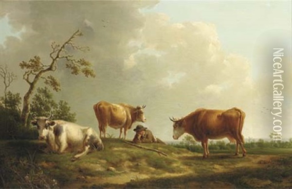 A Pastoral Landscape With Cattle And A Herdsman Oil Painting - Henri-Joseph Antonissen