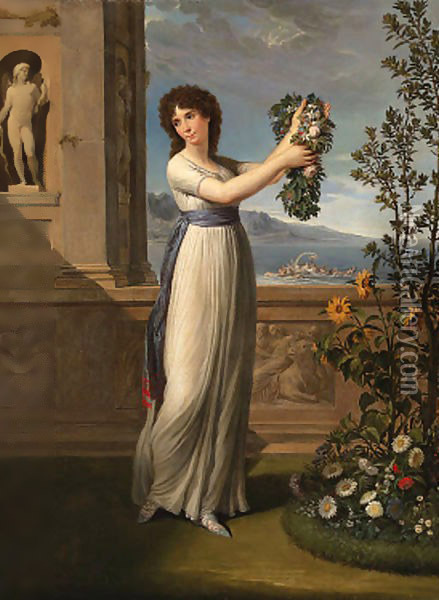 Portrait of a lady, full-length, holding a garland of flowers Oil Painting - Andrea, the Elder Appiani