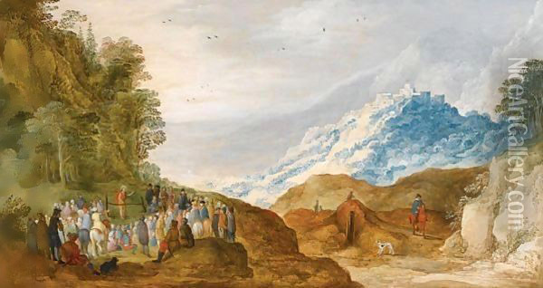 An Extensive Mountainous Landscape With Saint John The Baptist Preaching Oil Painting - Joos De Momper