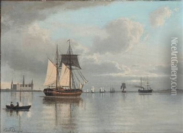 Sailing Ships Off The Shore Of Kronborg Castle Oil Painting - Carl Emil Baagoe