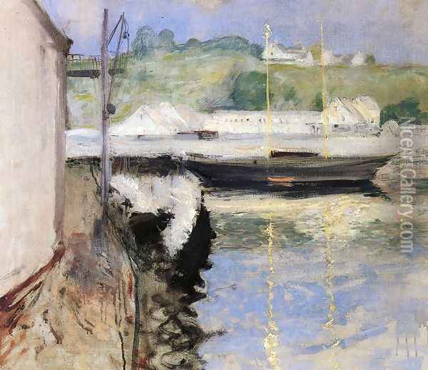 Fish Sheds And Schooner Gloucester Oil Painting - John Henry Twachtman