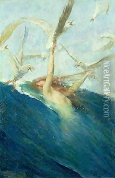 A Mermaid Being Mobbed by Seagulls Oil Painting - Giovanni Segantini