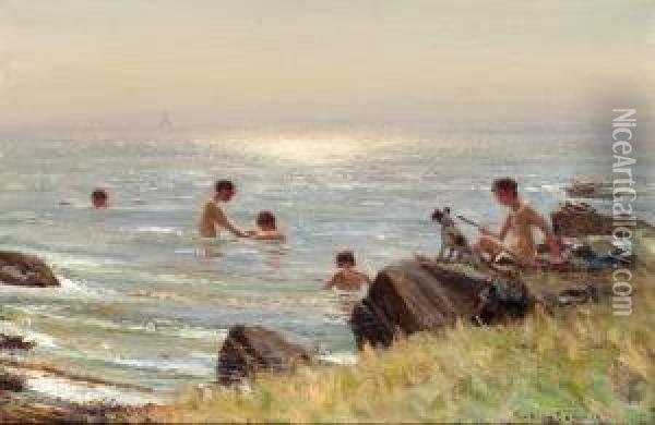 Children Bathing At Ballantrae Oil Painting - Patrick Downie
