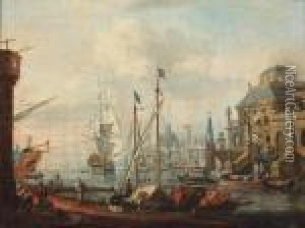 A Mediterranean Harbour View With Stevedores Loading Oil Painting - Abraham Storck