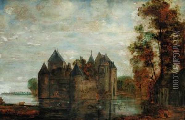 A Moated Castle Oil Painting - David The Younger Teniers