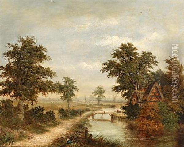 Figures Angling Opposite A Thatched Cottage Oil Painting - Charles Leaver