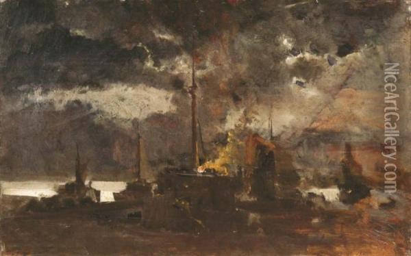 Incendio Nel Porto Di Genova Oil Painting - Pompeo Mariani