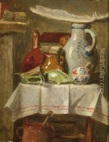 A Still Life With Stoneware Jugs And A Feather On A Kitchen Chair Oil Painting - August Allebe
